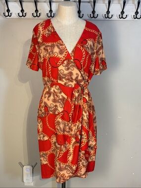 Guess Red and Cream Chain-Print Wrap Midi Dress size 10